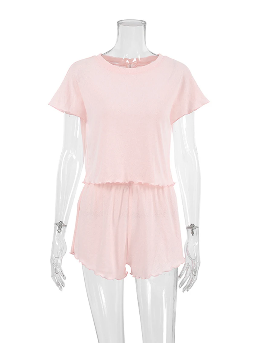 Marthaqiqi Summer Ladies Nightwear 2 Piece Suit O-Neck Sleepwear Short Sleeve Pajama Crop Top Pijama Shorts Casual Nightgown Set