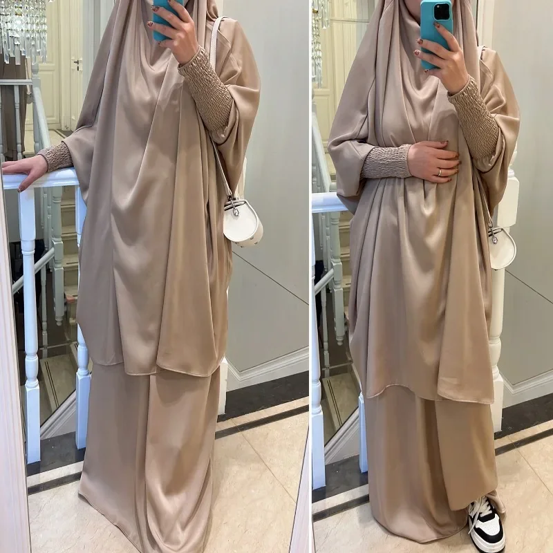 Satin Abaya and Khimar Set for Women Jilbab 2 Piece Islamic Hooded Abayas Ramadan Eid Muslim Prayer Garment Dubai Turkey Burqa