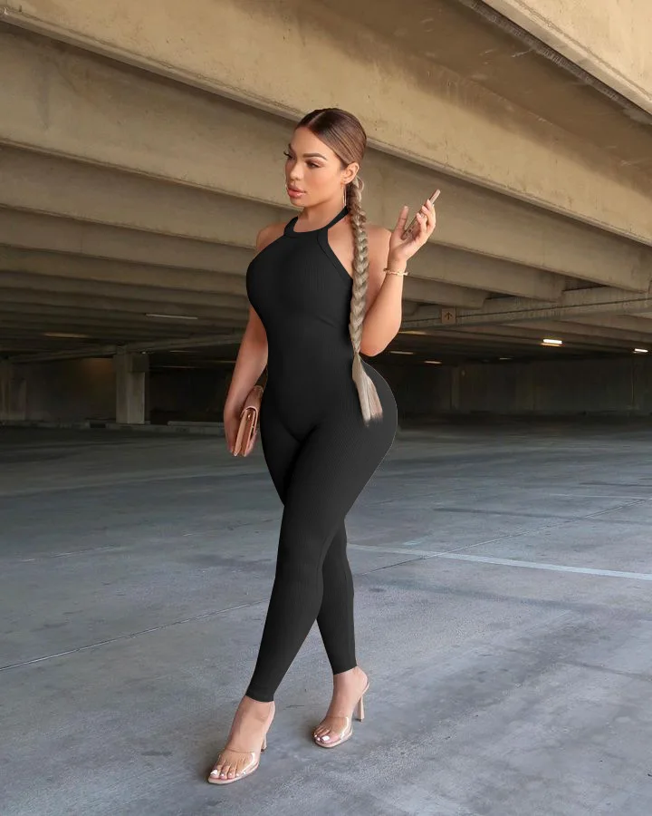 BKLD 2023 New Clothes For Women Spaghetti Strap Bandage Cross Backless Sexy Solid Color Tight High Waist Sports Jumpsuit