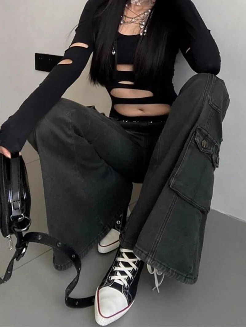 Retro Multi Pocket Y2K Flared Pants Women's Black Low Waisted Denim Cargo Jeans Gothic Stretch Slim Spicy Girl Workwear Trousers