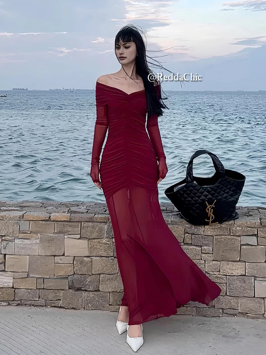 REDDACHiC Sexy V-neck Ruched Evening Dress Women Red