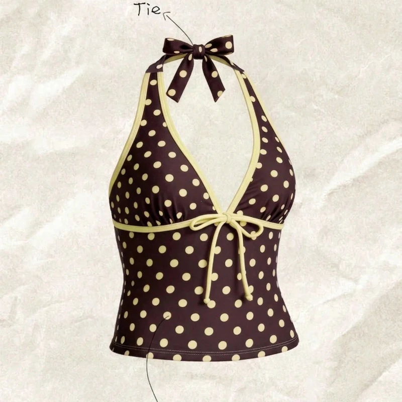 Women Swimwears Polka Dot 2-Piece Tankini Set Halter V