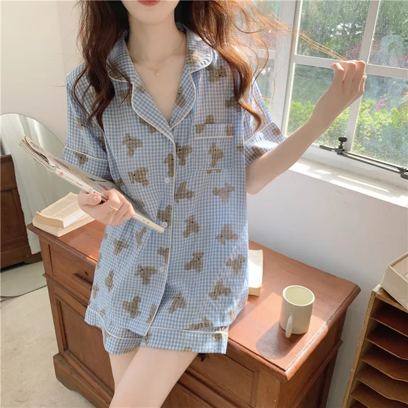 

Summer Kawaii Bear Student Pajama Set Casual Home Clothes Plaid Cotton Short Sleeve Shorts Suit Sleepwear Women Pijamas D269