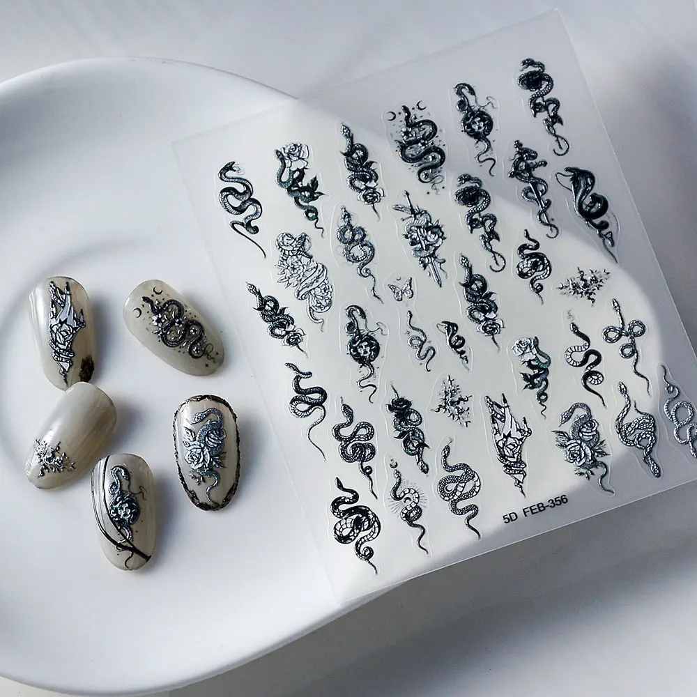 

Silver King Snake Nail Stickers Fashion Black Butterfly Wings Nail Art Decoration Cola Cherry Bow Black Thorn Rose Nail Supplies