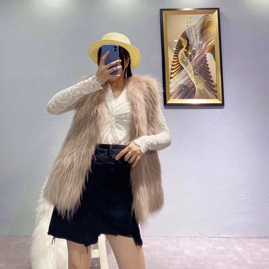 Raccoon Raccoon Dog Fur Coat Woven Fur Women's Clothes Medium Length Vest Double-sided Vest Open Tops Knitted Sexy Club Cardigan