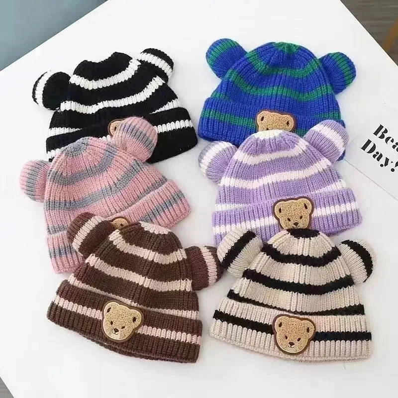 

Striped Bear Baby Hat for Girls Boys Cute Pompom Ball Knit Hat Baby Winter Warm Infant Hats Toddler Cap Head Cover Ear-cap