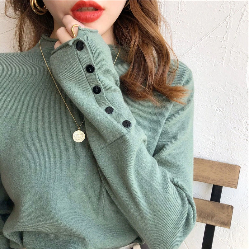 Sweater Women Knitted Pullover 2022 Autumn Winter Thick Sweater Long Sleeve Turtleneck Button Jumper Soft Warm Pull Femme pink sweater