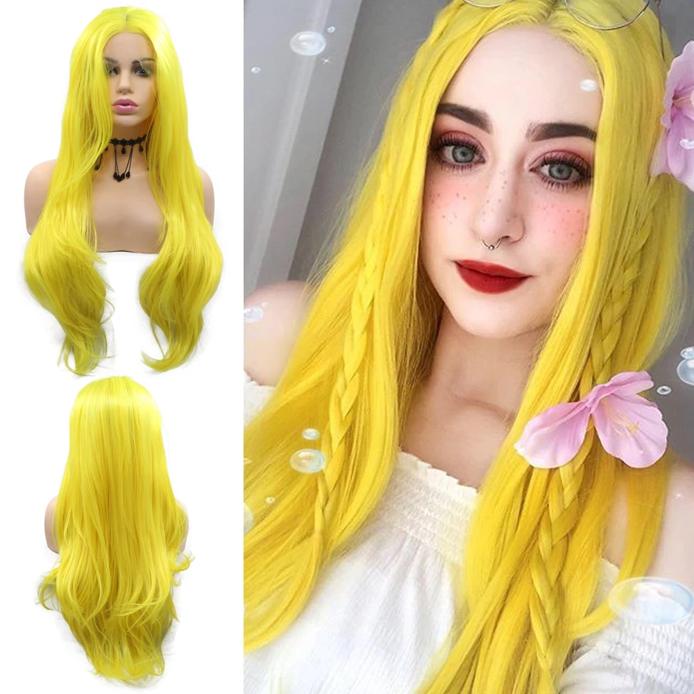 

Synthetic Lace Front Wig for Women Yellow Wavy Wigs Heat Resistant Fiber Synthetic Hair for Women 24inches Long Hairs