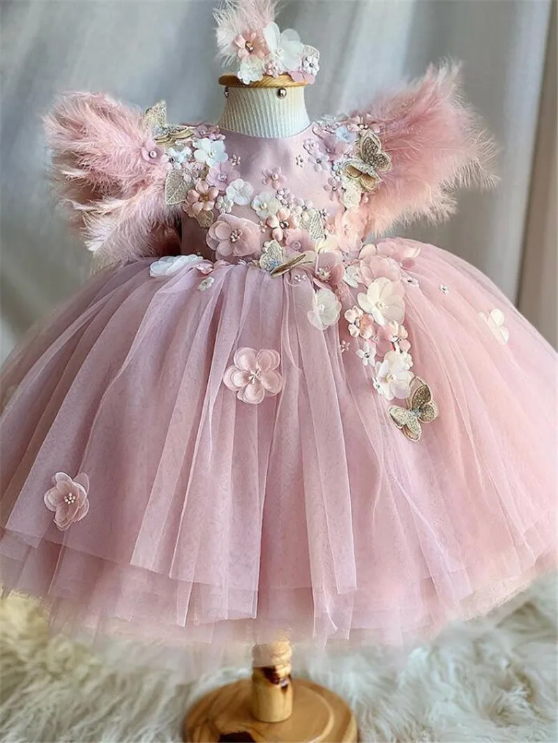 

Lovely 3D Flowers Pearls Baby Girl Birthday Dresses Christmas Infant Dress Kid's Flower Girl Dress Tutu Gown