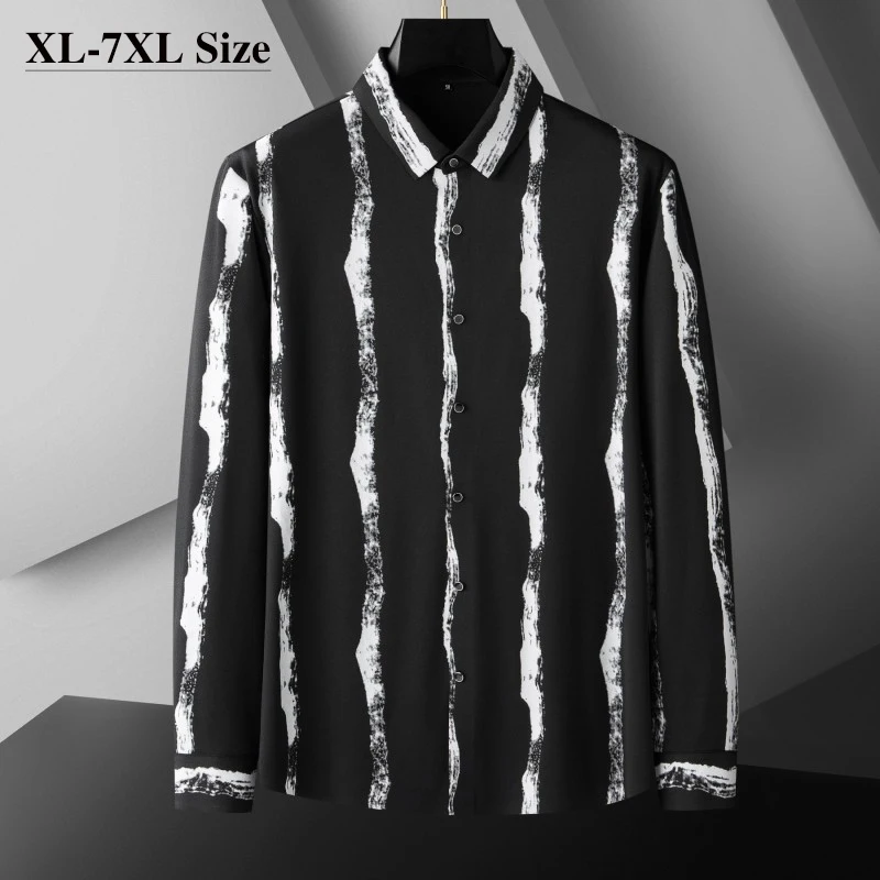 

Plus Size 7XL 6XL Men's Black and White Striped Printed Shirts Loose Elastic Casual Business Office Long-sleeved Shirt Tops Male