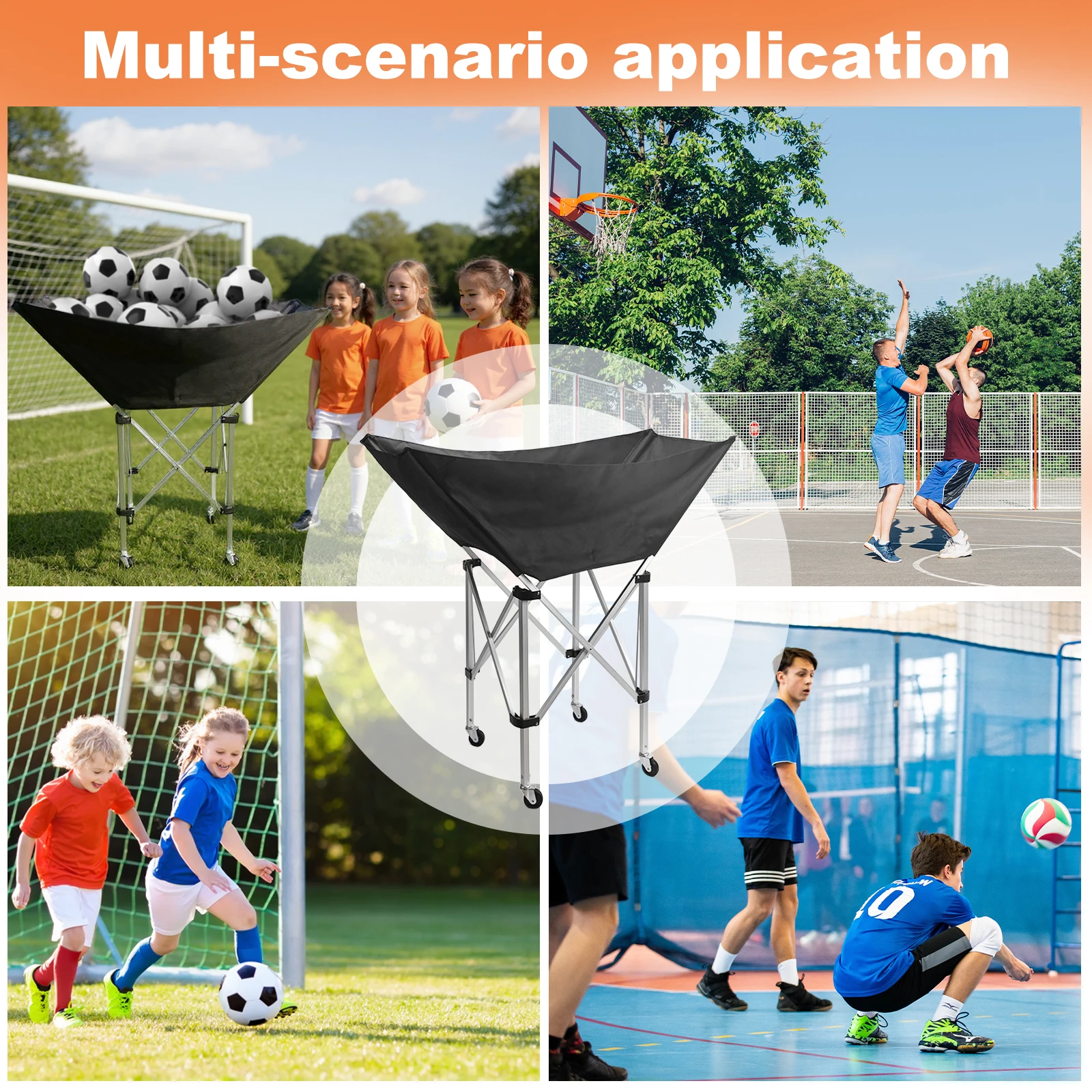 Metal Folding Sports Ball Cart with Wheels for Volleyball Tennis Basketball