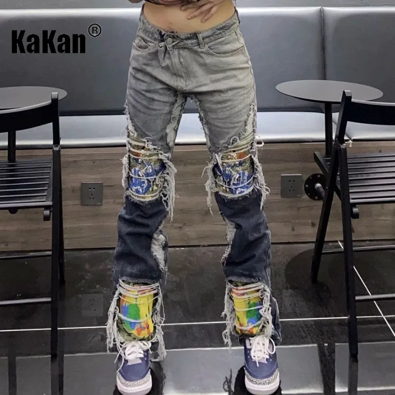 

Kakan-Europe and The United States New Destruction Washed Jeans Men's, Heavy Embroidery Hole Straight Long Jeans K27-90c01
