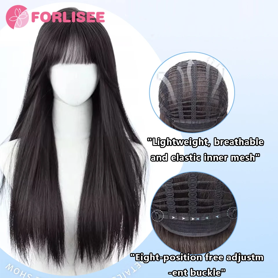 Perruque Synthétique Longue et Lisse Noire à Frange d'Air, Cheveux Naturels, Raie au Milieu, Fibre Chimique, Degré de Chaleur, pour Femme, 25 Pouces