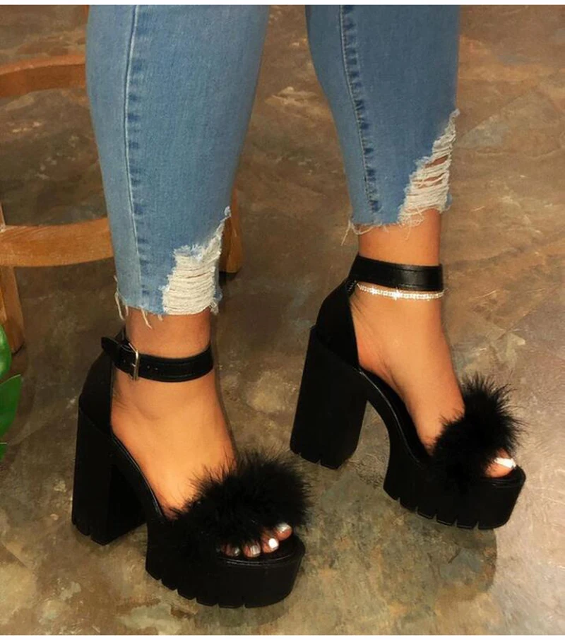 Platform Sandals High Fur Furry High Heels Platform Furry Platform