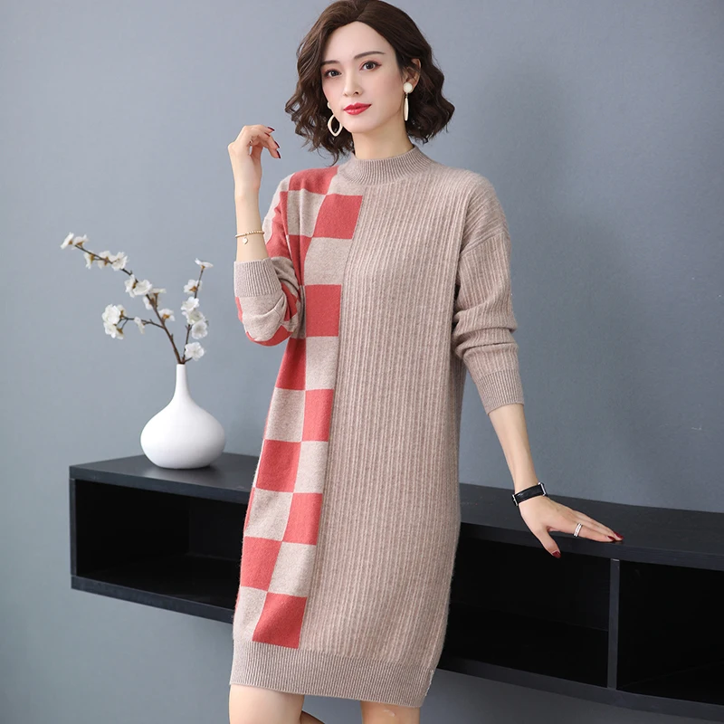 autumn-winter-new-half-high-collar-pullover-women-100-wool-sweater-long-section-cashmere-dress-bag-hip-split-loose-warm-tops