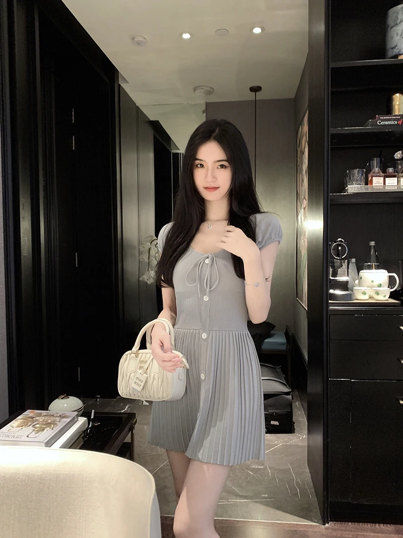 Sexy Knitted Dresses for Women V-neck A-Line Pleated Mini Dress Korean Fashion Solid Autumn Knitting One Piece Vestido Mujer New