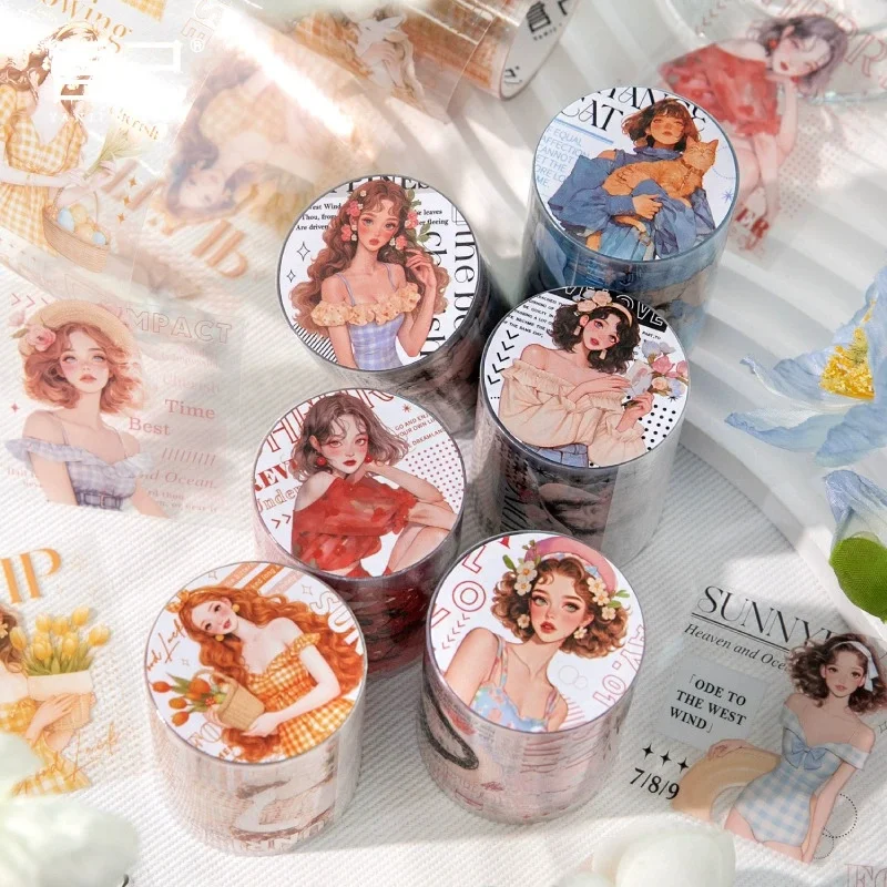 1롤 프리즈 썸머 시리즈 와시 테이프 소녀 그림 테마 장면 베이스 콜라주 장식 테이프