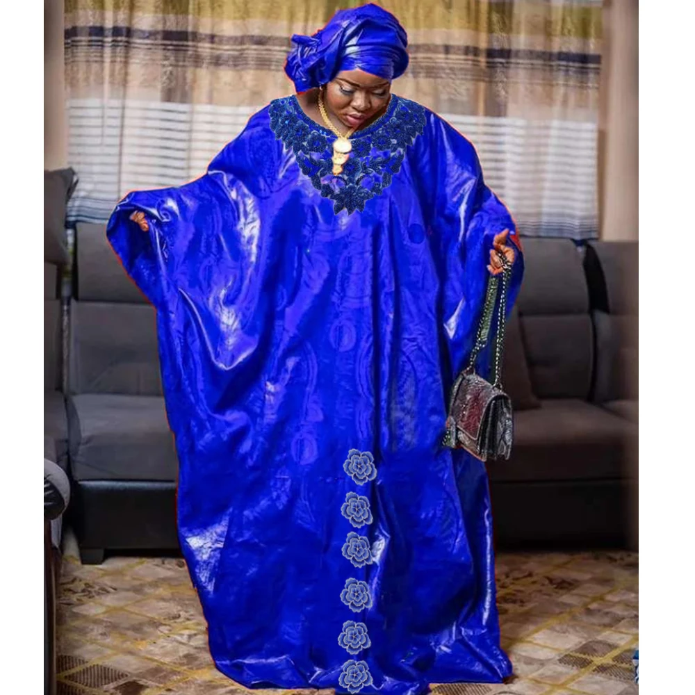 2023 New African Women Bazin Riche Dresses With Headscarf Embroid Stone Nigerian Traditional Wedding Party Dashiki Basin Robe