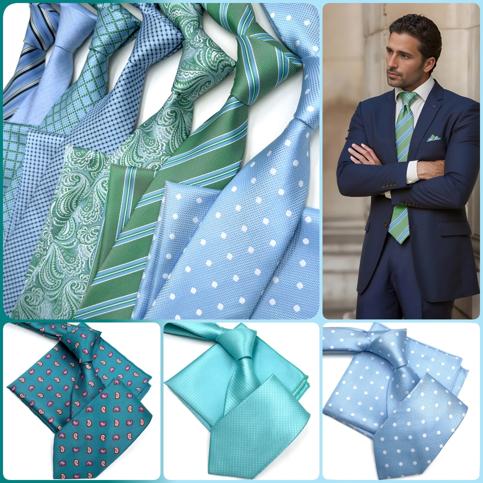 Ensemble de cravates carrées de poche pour hommes, bleu clair, classique, Business, vert, accessoires, mouchoir
