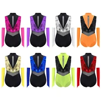 Girls Gymnastics Dance Performance Outfit Mock Neck Sleeveless Cutout Back Sparkling Sequins Color Block Leotard with Gloves - Image 5