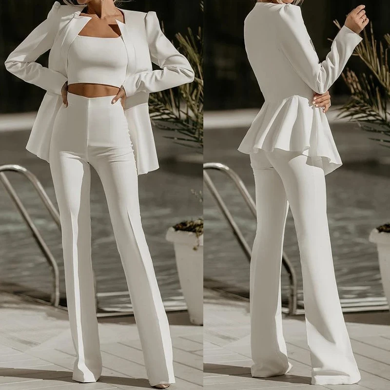 

White Women Suits Ladies Formal Evening Party Tuxedos Prom Evening Formal Work Wear for Wedding 2 Pcs (Jacket+Pants)