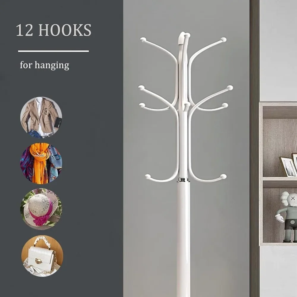 Metal Coat Rack Stand with Natural Marble Base, Free Standing Hall Tree with 12 Hooks for Hanging Scarf, Bag, Jacket