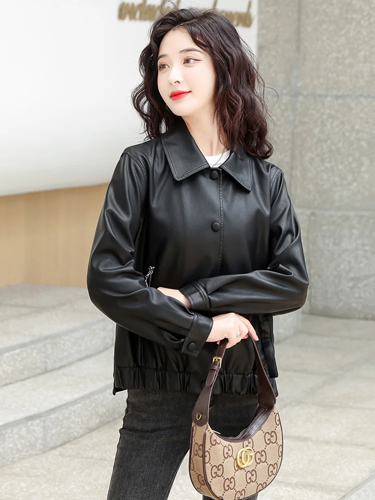 New Women Short Leather Coat Autumn Winter Casual Fashion Turn-down Collar Plus Cotton Liner Warm Slim Sheep Leather Jacket