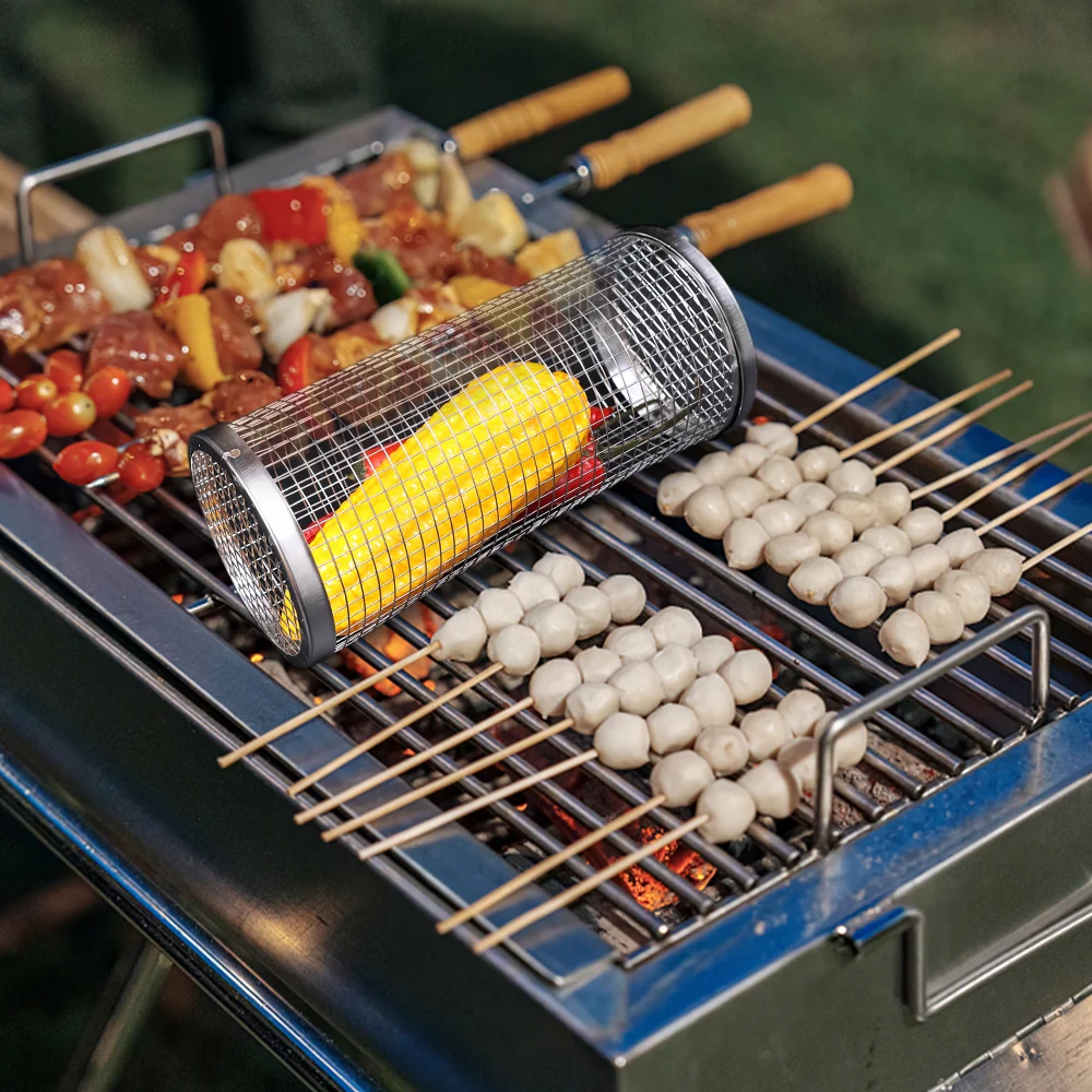 Camping BBQ Grilling Basket Charcoal Grill Outdoors Barbecue Tools Portable Nonstick Roasting