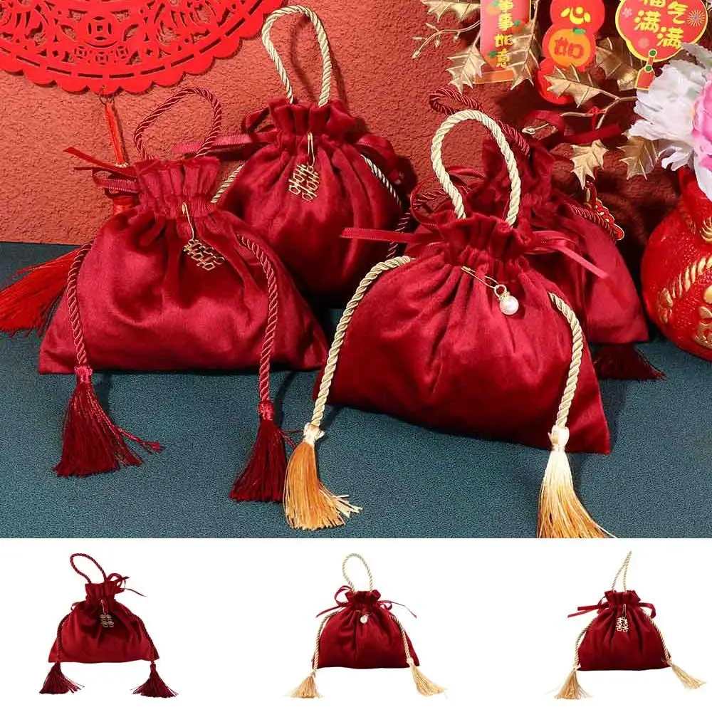 

Бархатная сумка для конфет на шнурке с завязками и кисточками, винно-красная Китайская традиционная Свадебная подарочная сумка, изысканная