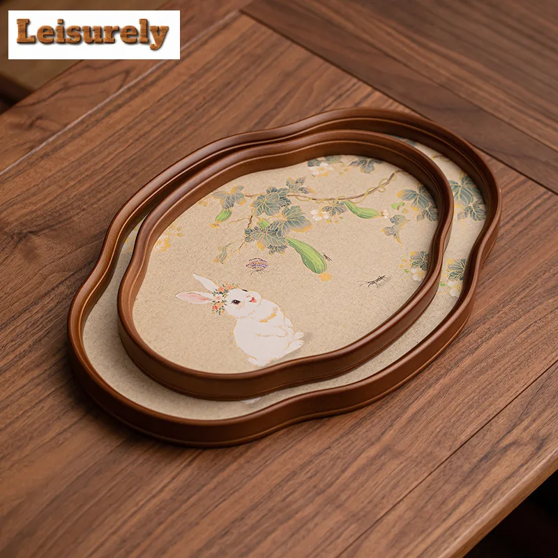 Bamboo Wood Glass Jade Rabbit Begonia Tea Tray Snack Plate Coffee Storage Board Organizers Desk Dishes For Serving Tea Ceremony