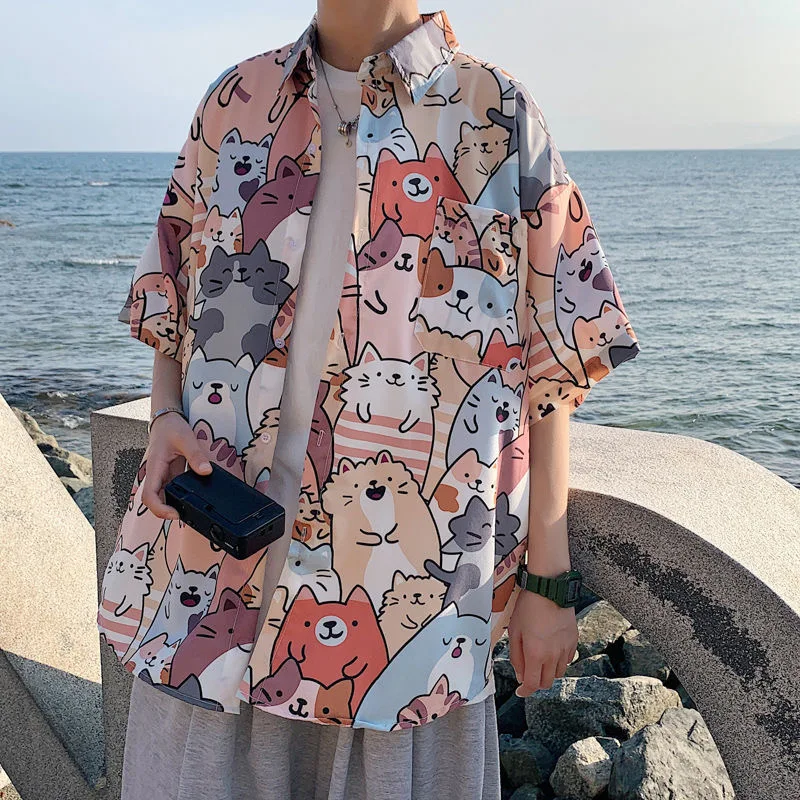 Deeptown Kawaii Button Up Shirt Animal Cat Print Blouse Women Japan Style 2022 Summer Hawaii Graphic Cardigan Casual Cute Tops