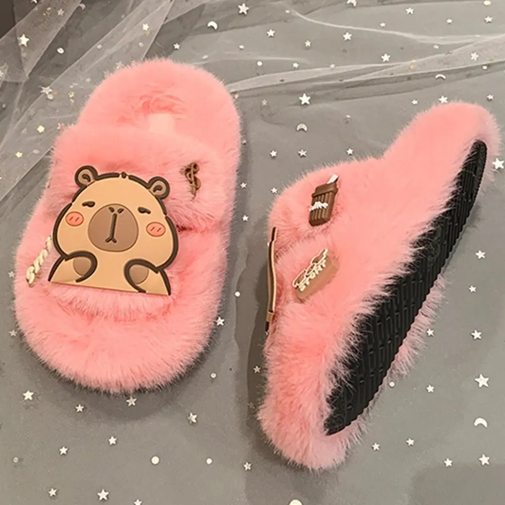Creative Children Warm Capybara Slippers Kawaii Animal Capibara Plush Slippers Long Plush Rubber sole Winter Home Shoes Girls