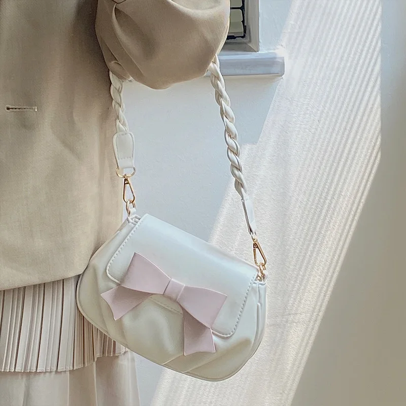 

Милая женская сумка-тоут из искусственной кожи на цепочке, повседневные элегантные дамские сумочки на плечо с розовым бантом, белые кошельки Y2K