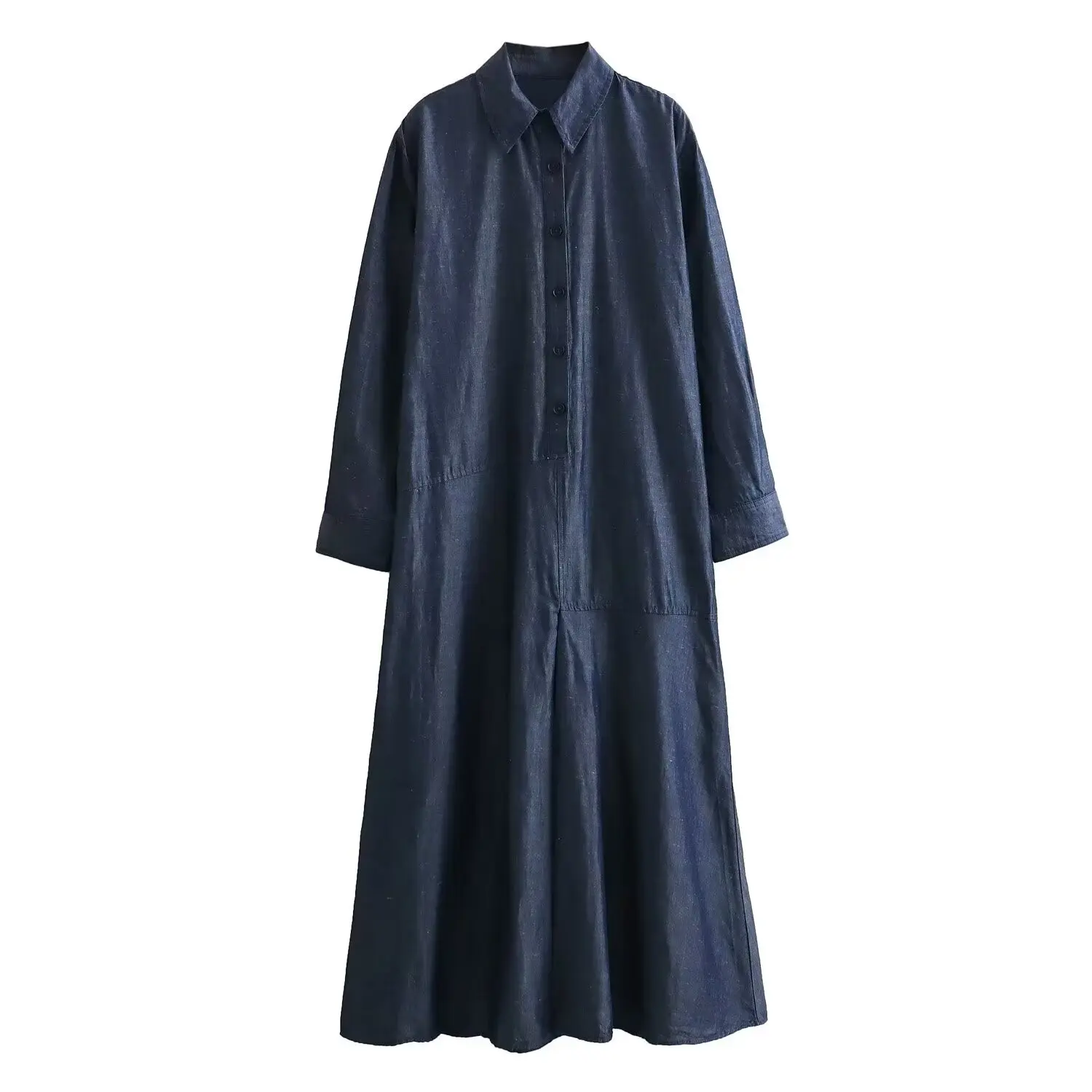 

Женское свободное джинсовое платье-рубашка средней длины с длинным рукавом и пуговицами