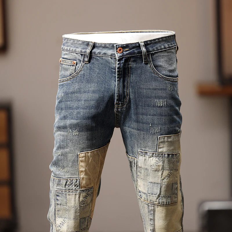Street fashion personalized patchwork patch slim small straight leg pants heavy embroidery gangster handsome biker men's pants