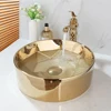 Monite Golden Plated Ceramic Round Bathroom Combine Faucet Set Lavatory Washbasin Sink Diamond Setting Mixer Faucet w/ Pop Drain 2