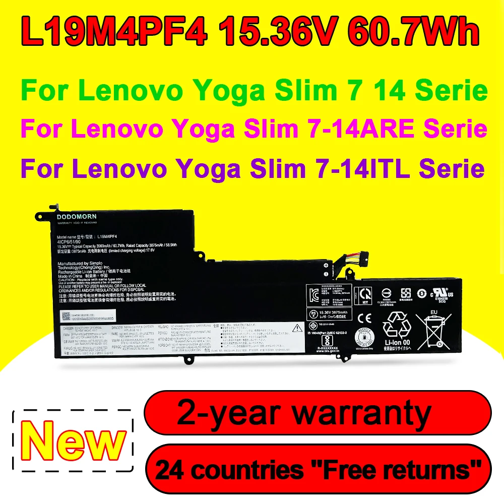 Bateria do Portátil para Lenovo Ideapad Yoga Slim 714iil05 7-14are05 Série L19c4pf4 L19d4pf4 5b10w65273 15.36v 60.7wh L19m4pf4