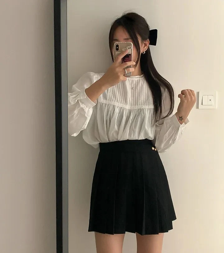 Korean Chic Two-piece Skirt Set Women Single Breasted Blazer Loose Jacket Solid Pleated Mini Skirt Autumn Office Lady Outfits