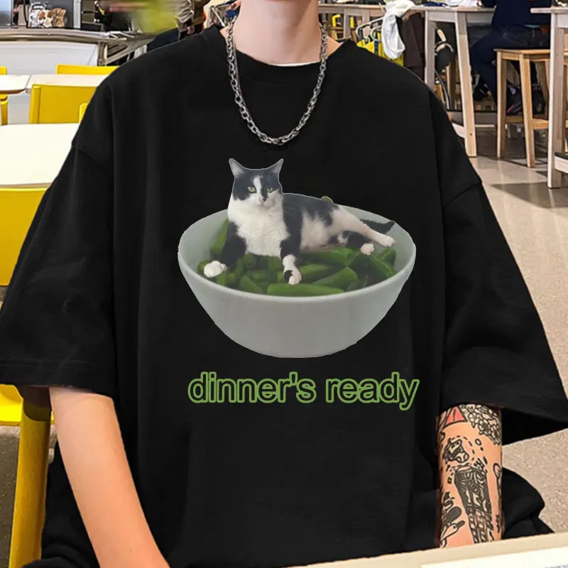 

Dinner's Ready Bean Cat Graphic T Shirts Cartoon Funny Men Women T-Shirt Oversized Cotton Short Sleeves Tee Shirts Y2k Clothes