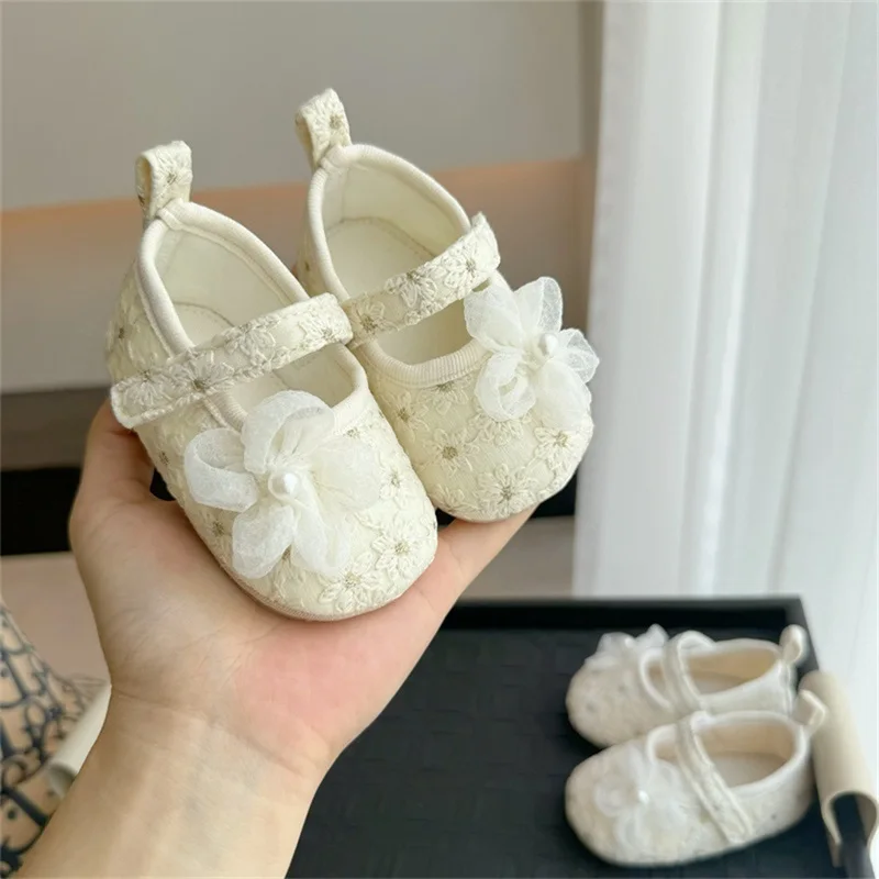 VISgogo Baby Girl Pearls Flowers Flats Non-slip Soft Soles Cute Mary Jane Shoes Casual Walking Shoes for Newborn Toddler