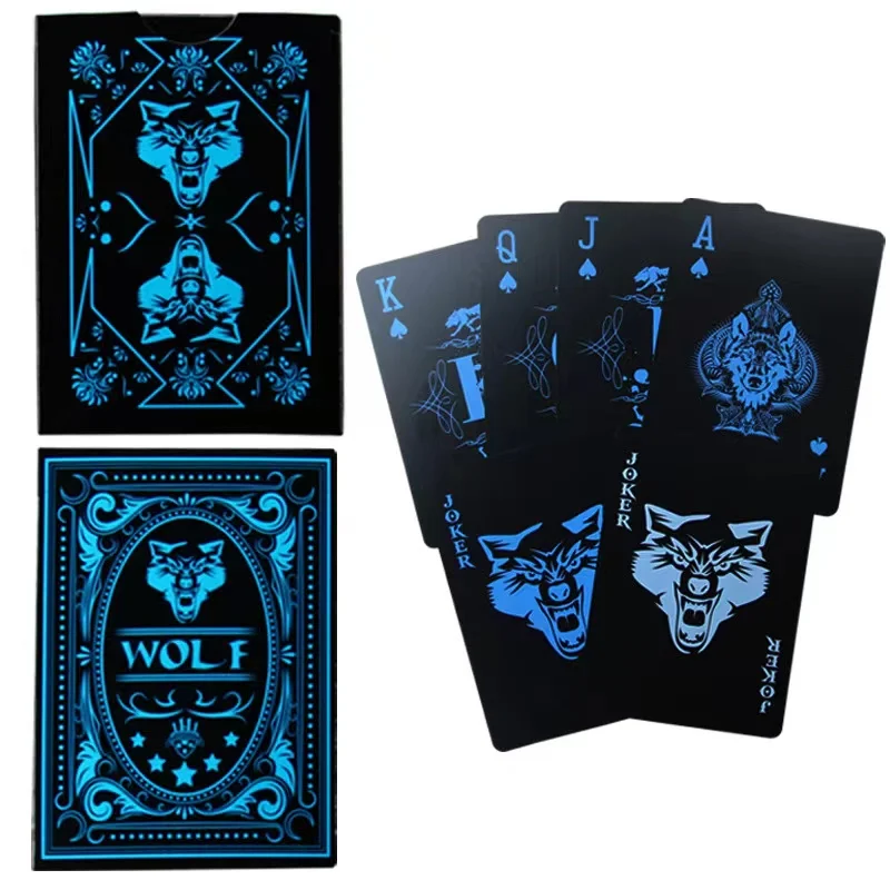 Description Picture 5 of item2025 New Black Waterproof Plastic PVC Playing Cards Sets Wolf Classic Magic Tricks Poker Creative Gift for Party Adult