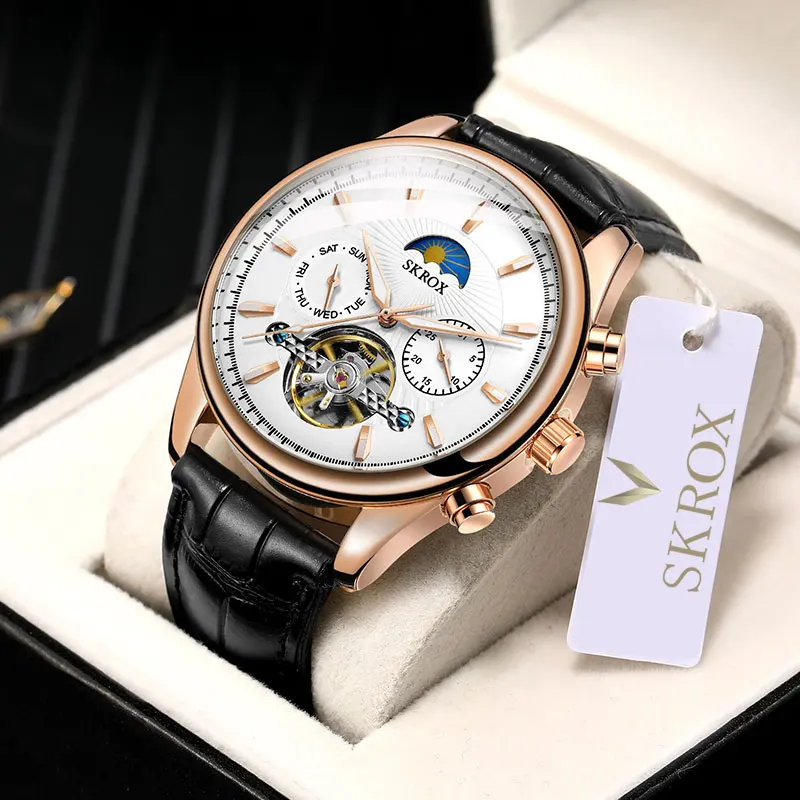 

SKROX Tourbillon Moon Phase AUTOMATIC Wrist Watch Butterfly Buckle Genuine Leather Strap Calendar Week Multifunction Sub-Dials