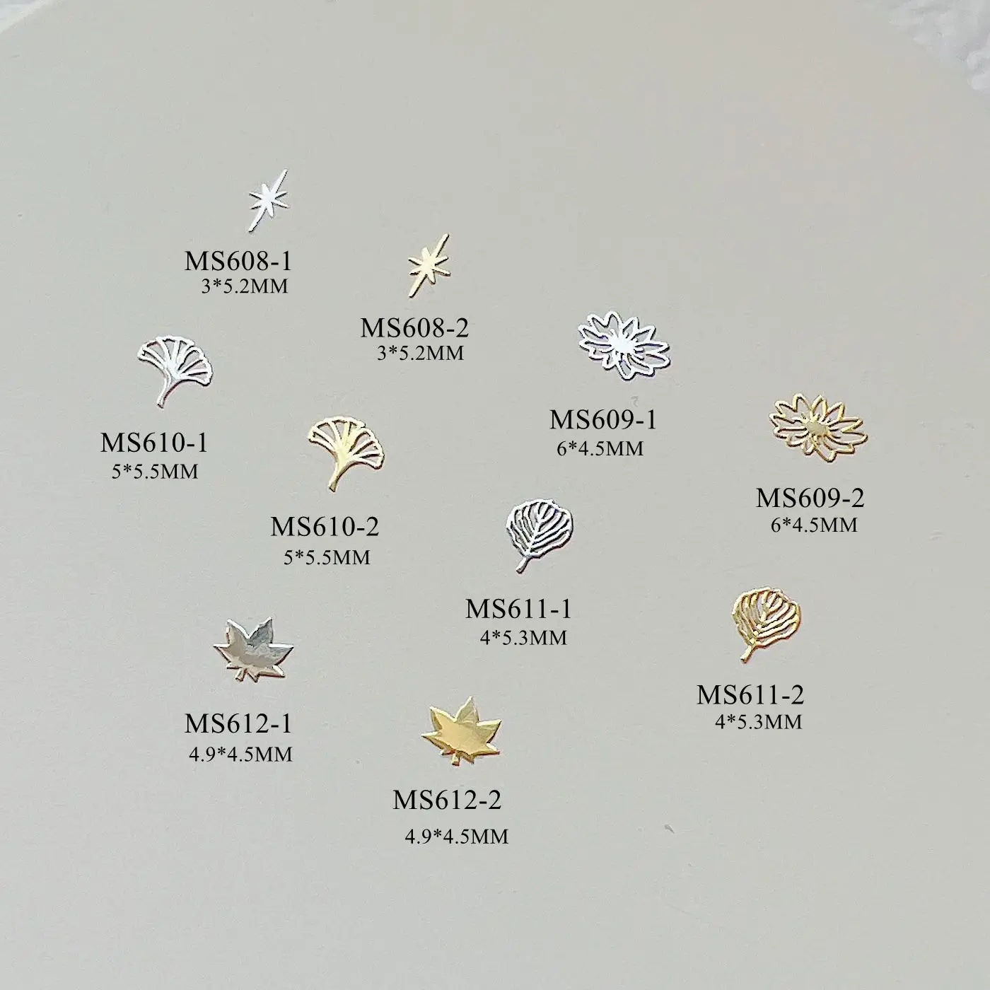 Approx. 1000pcs/bag Silver/Gold Star Maple Gingko non-adhesive Soft Metal Sticker Nail Art Decoration M45