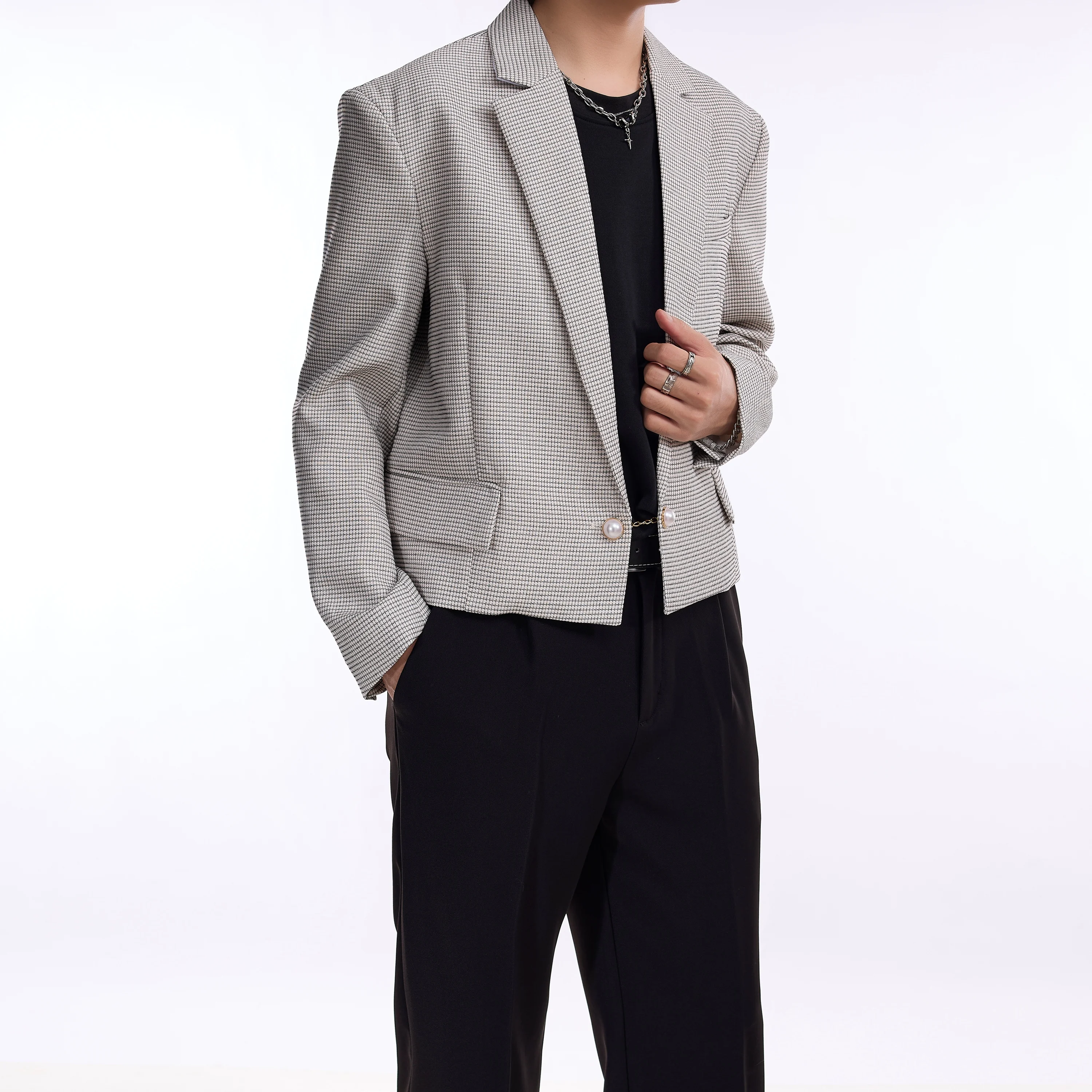 2024 New Design High Quality Little Fragrance Short Blazer Men's Tide High Street Houndstooth Jacket Top
