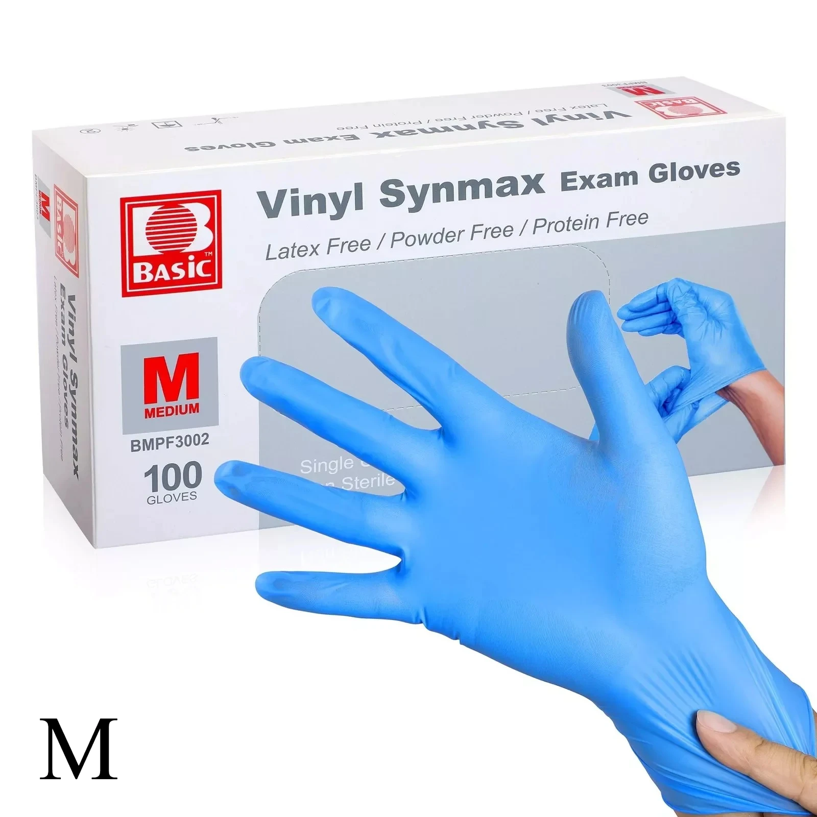 Lot de 100 gants jetables vinyle 4 mil sans latex, blancs, empilés sur fond neutre.