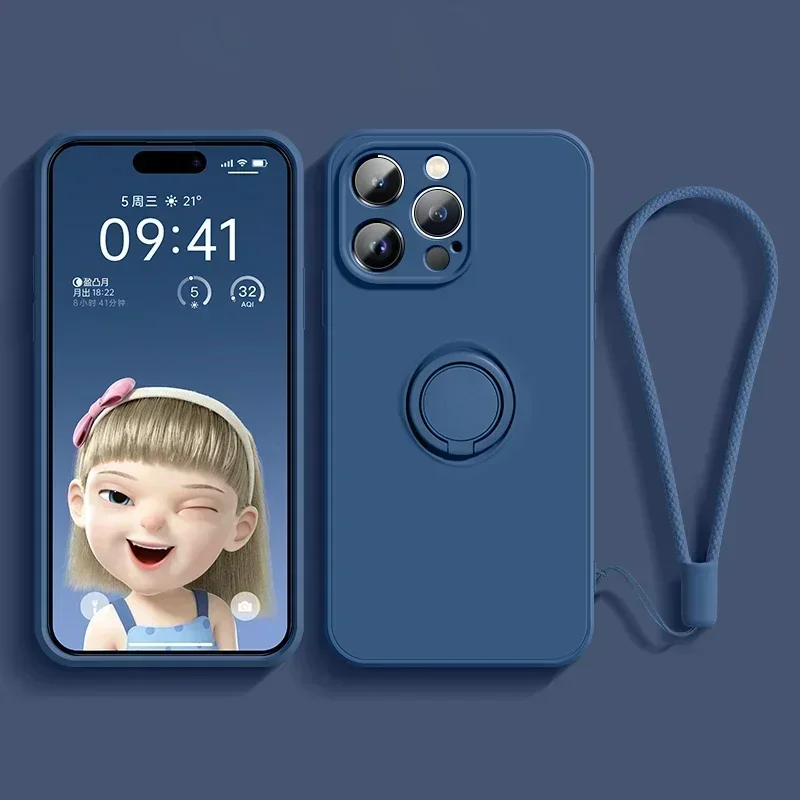 Liquid Silicone Phone Case with Holder Ring Stand and Wrist Strap