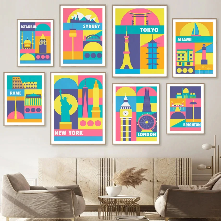 

World Famous Landmark Building Wall Art Canvas Painting Cartoon City Colorful Posters and Prints Pictures for Living Room Decor