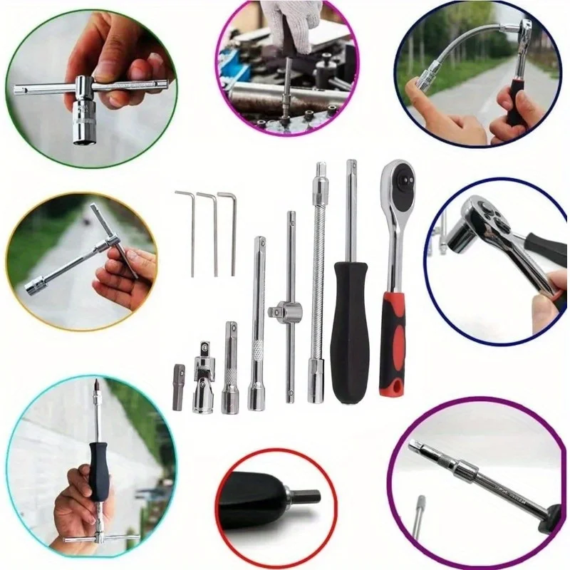 46pcs Ratchet Wrench Set with Chrome Vanadium Steel Sockets-Metric&Imperial,Ideal for Auto & Home Repairs, Durable Extension Bar