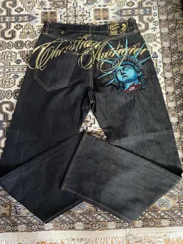 Vintage Statue of liberty Diamonds Jeans Casual Denim Pants High Waist Straight Wide Leg Jeans Harajuku Y2k 2000s Women Clothing 1