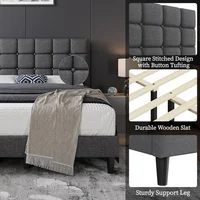 Upholstered Bed Frame, Modern Full Size Bed Platform with Square Stitching and Button Tufted Headboard, Full Size 4
